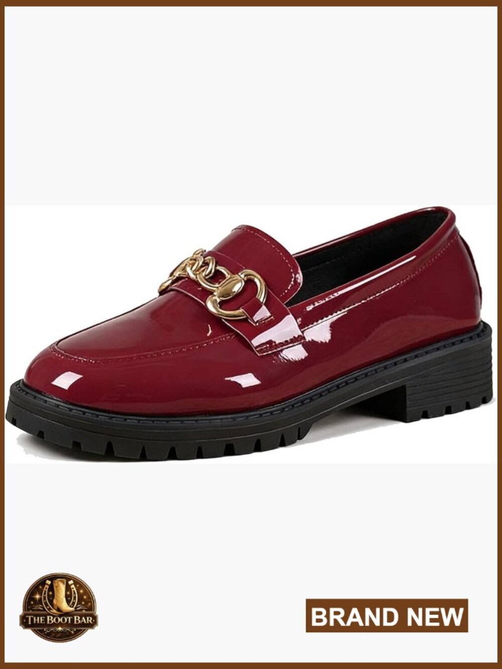 Chunky Heel Loafers with Metal Buckle Patent Leather Round Toe Lug Sole Slip On
